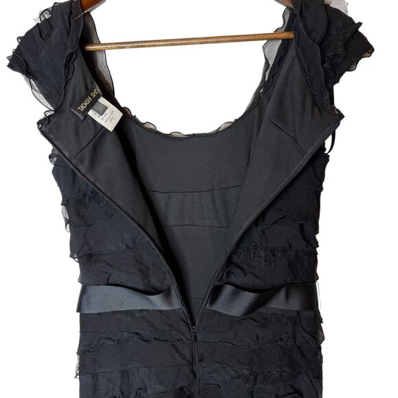 Tadashi Shoji Silk Chiffon Ruffle Off the Shoulder Sheath Dress Black size 6 - Picture 5 of 8